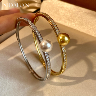 热巴同款澳白珍珠手链S925纯银镶钻宽手镯小众轻奢高级感开口手饰