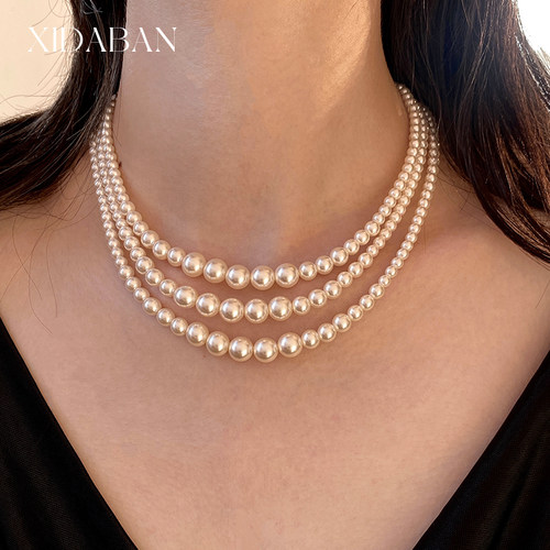 西大班施家奶白三层珍珠项链