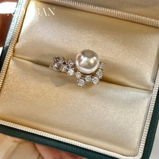 2025新款繁星之夜珍珠戒指微镶锆石爆闪戒圈S925银开口可调节指环