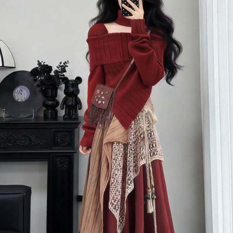 巨好看气质不规则红色针织上衣女装2026冬季新款温柔小众新年毛衣