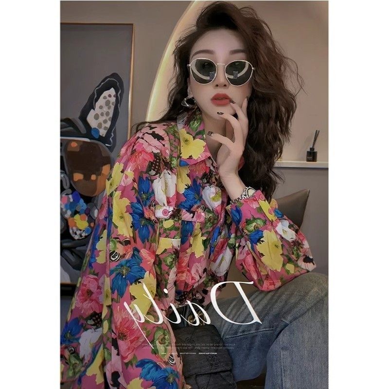 时髦洋气彩色花衬衫女复古港风气质碎花衬衣春秋休闲百搭长袖上衣