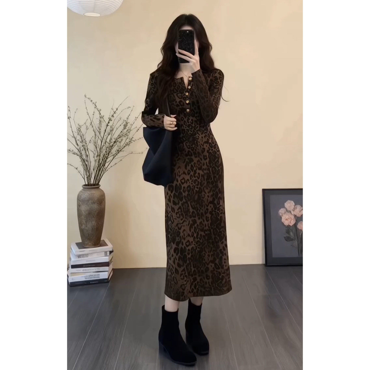 法式复古长袖豹纹洋装子女秋冬2026新款高级感气质收腰显瘦长裙