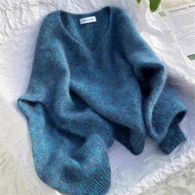 蓝色V领宽松慵懒风针织衫女2025冬季新款大码胖mm显瘦高级感毛衣,女装/女士精品,毛衣,淘宝优惠券,粉丝福利购,淘宝优惠卷