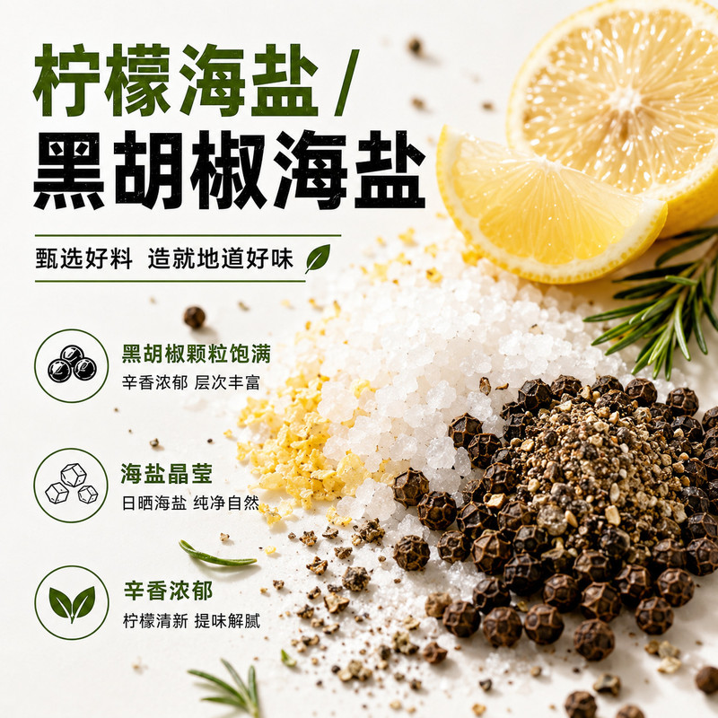 海盐黑胡椒研磨瓶柠檬海盐颗粒鸡胸肉牛排0调料脂西餐胡椒粉轻食
