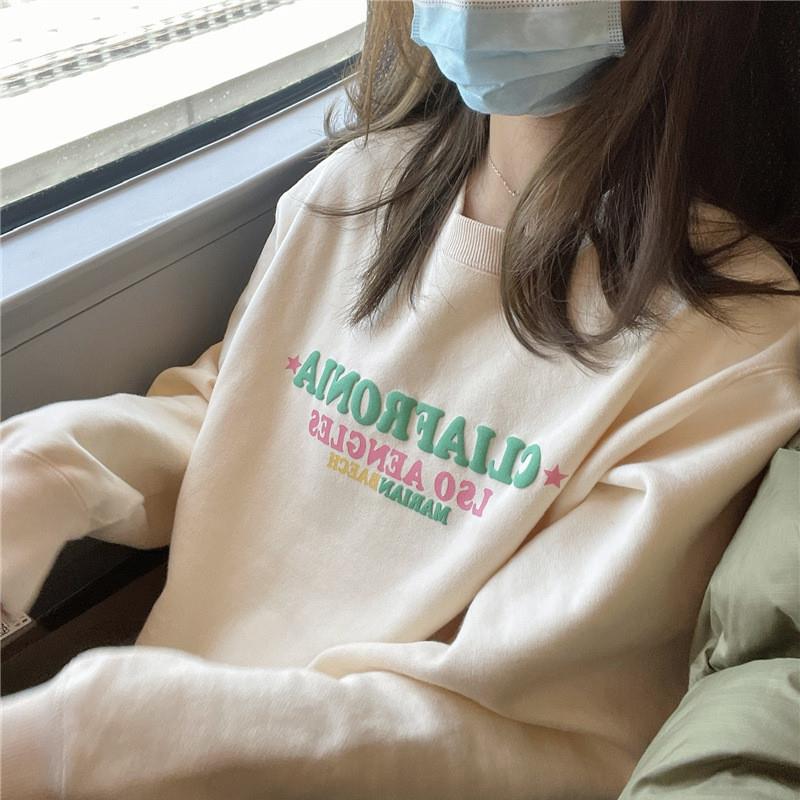 奶杏圆领卫衣女2025年新款宽松韩版长袖t恤夏春秋薄款设计感小众