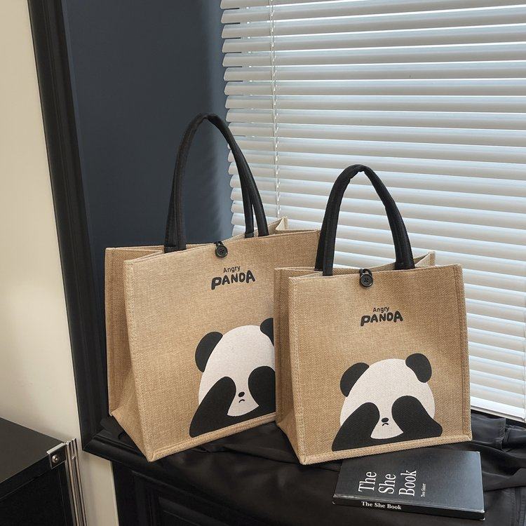 熊猫印花手提袋亚麻手提购物袋大容量便当包外贸复古麻布伴手礼袋,箱包皮具/热销女包/男包,托特包,淘宝优惠券,粉丝福利购,淘宝优惠卷