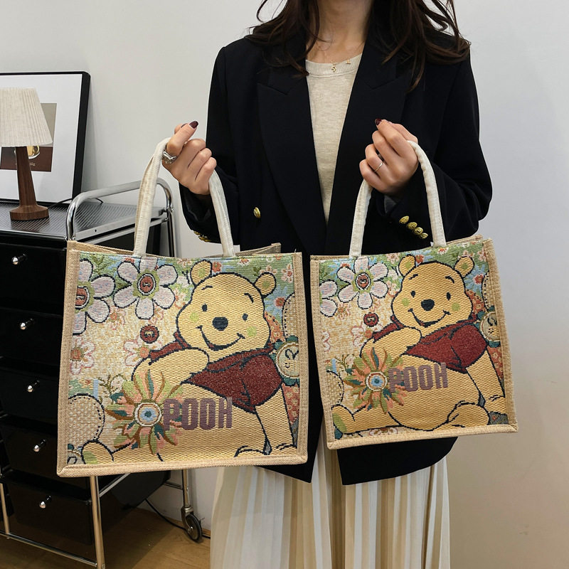 亚麻大托特包女金丝提花刺绣可爱卡通手提袋简约时尚手伴礼袋热卖