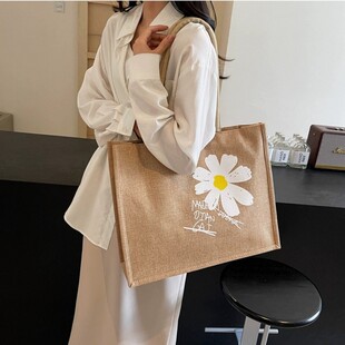 麻布包包女印花亚麻手提袋包A3美术袋学生补课包单肩托特包百搭