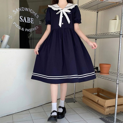 实拍海军风娃娃领连衣裙女小个子夏季新款蝴蝶结甜美减龄学生裙子