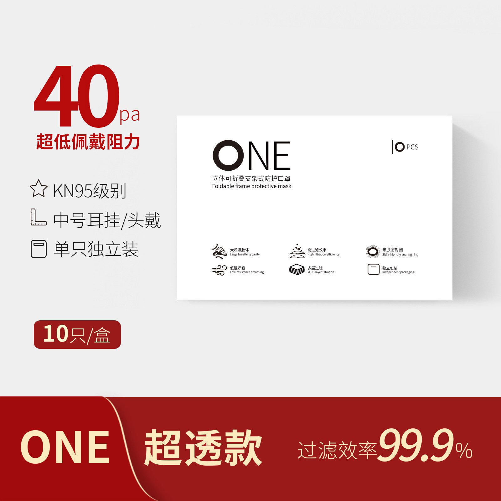 支米口罩40pa超透one含支架kn95低阻高密长效耐用防过敏10只盒装