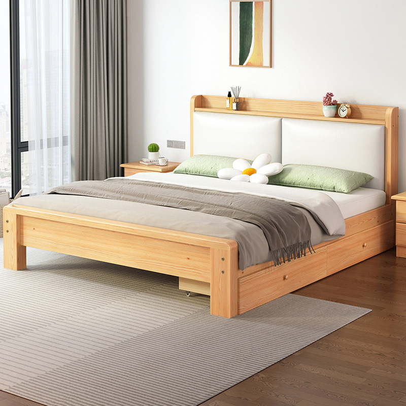 清漆软包实木床现代简约单双人床家用经济型1.2m工厂直销出租房床