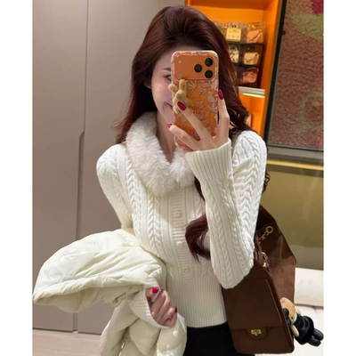 韩系白色可拆卸毛领针织绞花毛衣女秋冬收腰显瘦内搭长袖打底上衣