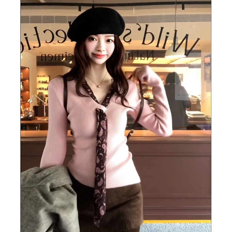 港味风格掐腰长袖针织衫女春秋新款修身显瘦百搭毛衣V领打底上衣