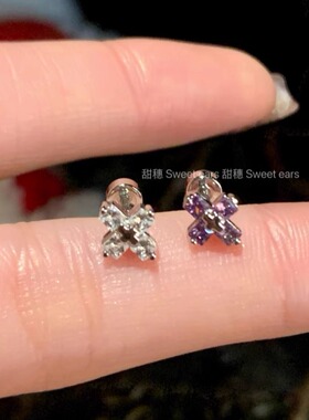 紫色十字架耳骨钉免摘耳蜗钉耳环