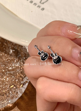 黑色吉他耳钉养耳洞平底拧螺丝医用钛钢趣味小众独特耳骨钉耳蜗钉