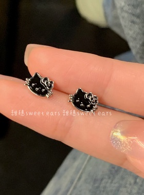 黑色kt猫耳骨钉暗黑辣妹风小巧睡觉免摘耳钉医用钛钢养耳洞耳饰