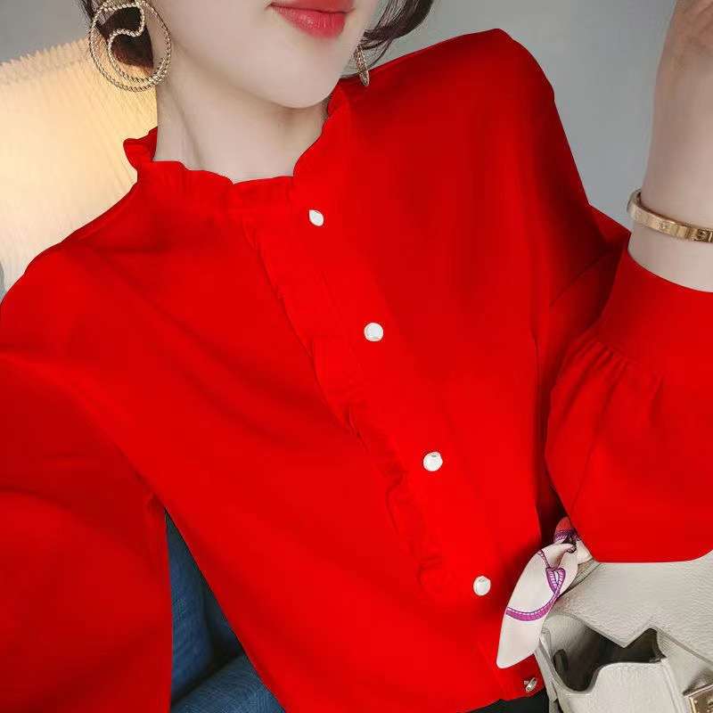 衬衫女红色别致小衫2024新款衬衫