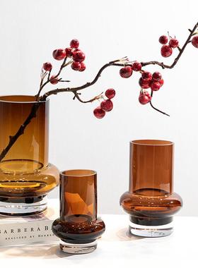 复古玻璃花瓶琥珀直筒瓶样板间客厅餐桌插花器水培装饰品摆件