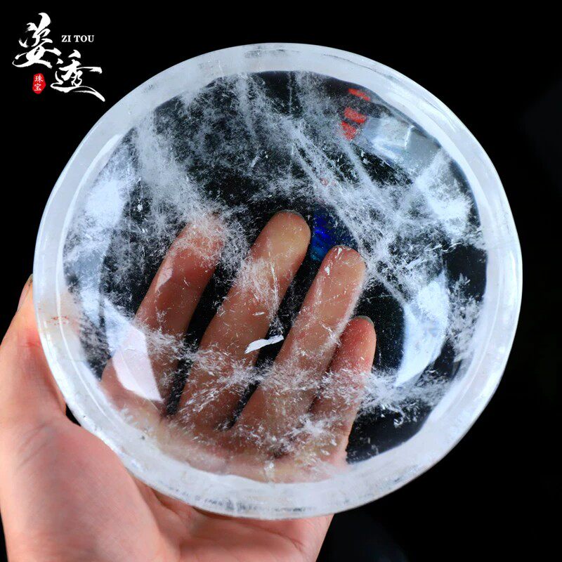 天然白水晶圆碗摆件原石手工打磨手链净化消磁碗聚宝盆风水摆件