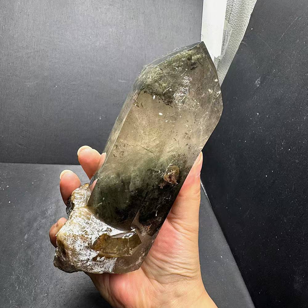 绿幽灵水晶柱摆件 天然幽灵水晶原石打磨 双尖柱 晶体透