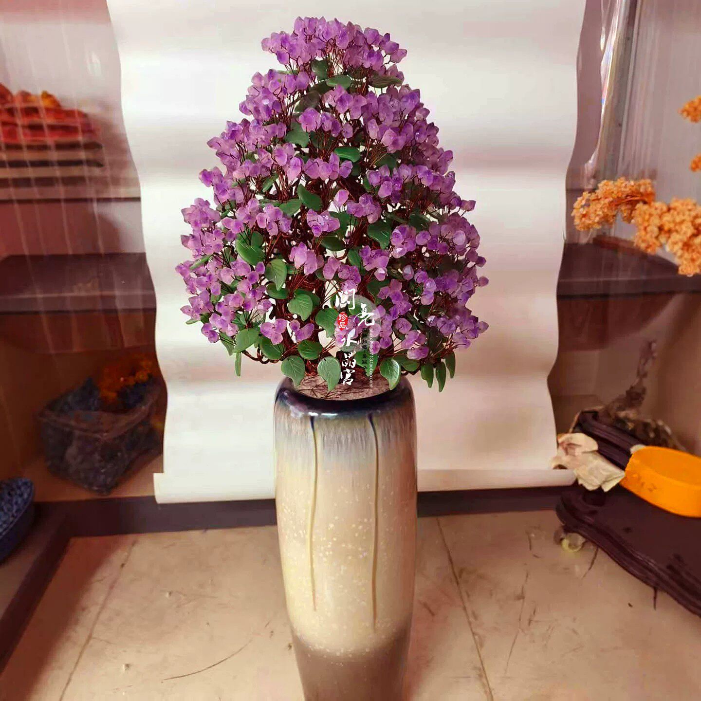 纯天然原矿原石紫水晶招财树发财树别墅客厅摆件高档礼品陶瓷花瓶