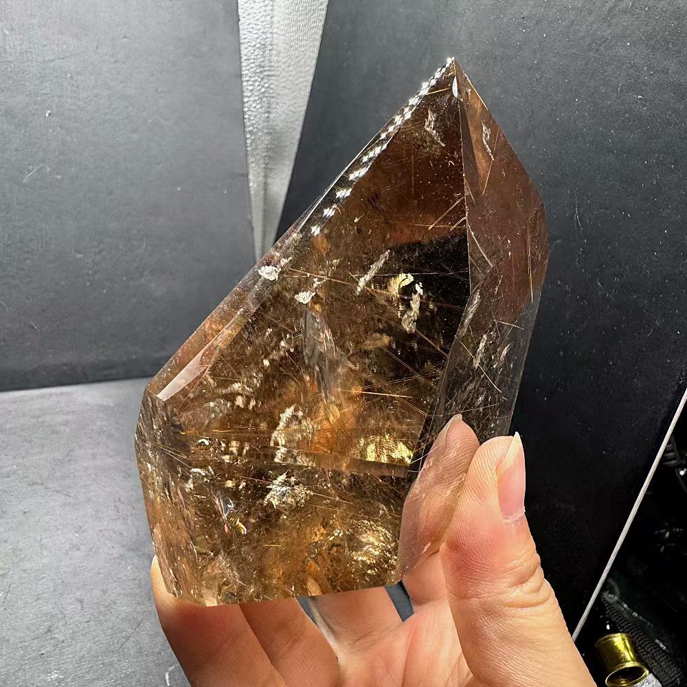 发晶柱摆件 天然水晶原石打磨 茶色晶体 晶体透 单尖柱 金发晶