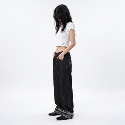 美式高街裤脚翻边原牛牛仔裤