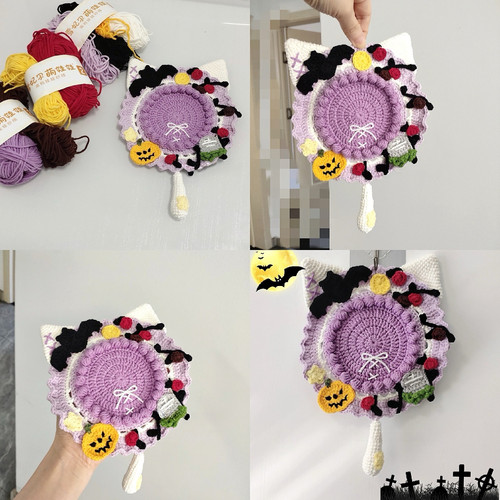 手工编织毛线钩针自制万圣节系列超可爱小猫杯垫吧唧托diy材料包