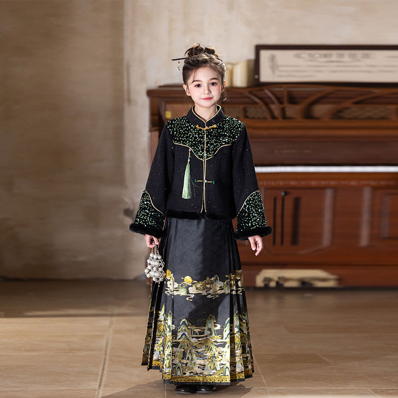 儿童国风复古汉服套装女童马面裙新中式织金襦裙传统节日表演出服