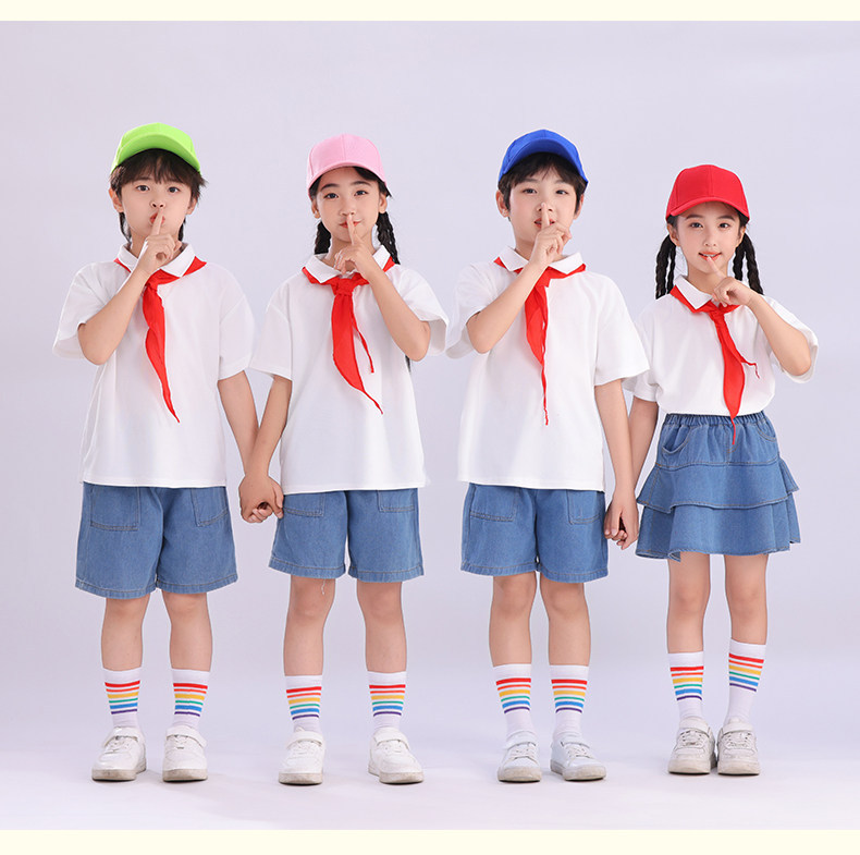 六一儿童表演服幼儿园毕业照拍摄服园服糖果色LOLO衫牛仔短裤套装