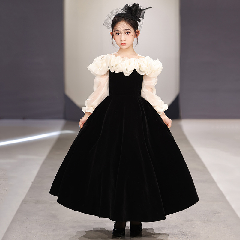 黑色赫本风高端生日宴晚礼服女童公主裙儿童主持人钢琴演奏