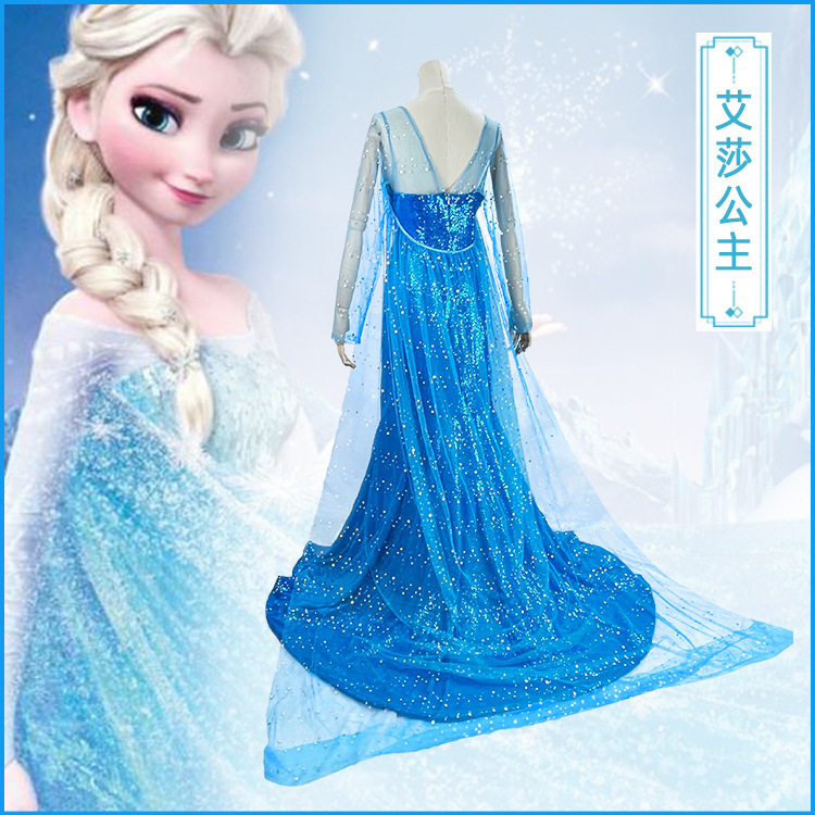 冰雪奇缘爱莎皇后蓝色长袖cos表演裙 舞台礼服儿童艾莎公主服现货