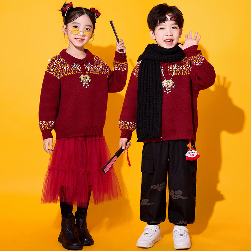 元旦儿童演出服中国风汉服红色喜庆合唱表演服拜年服幼儿园舞蹈服