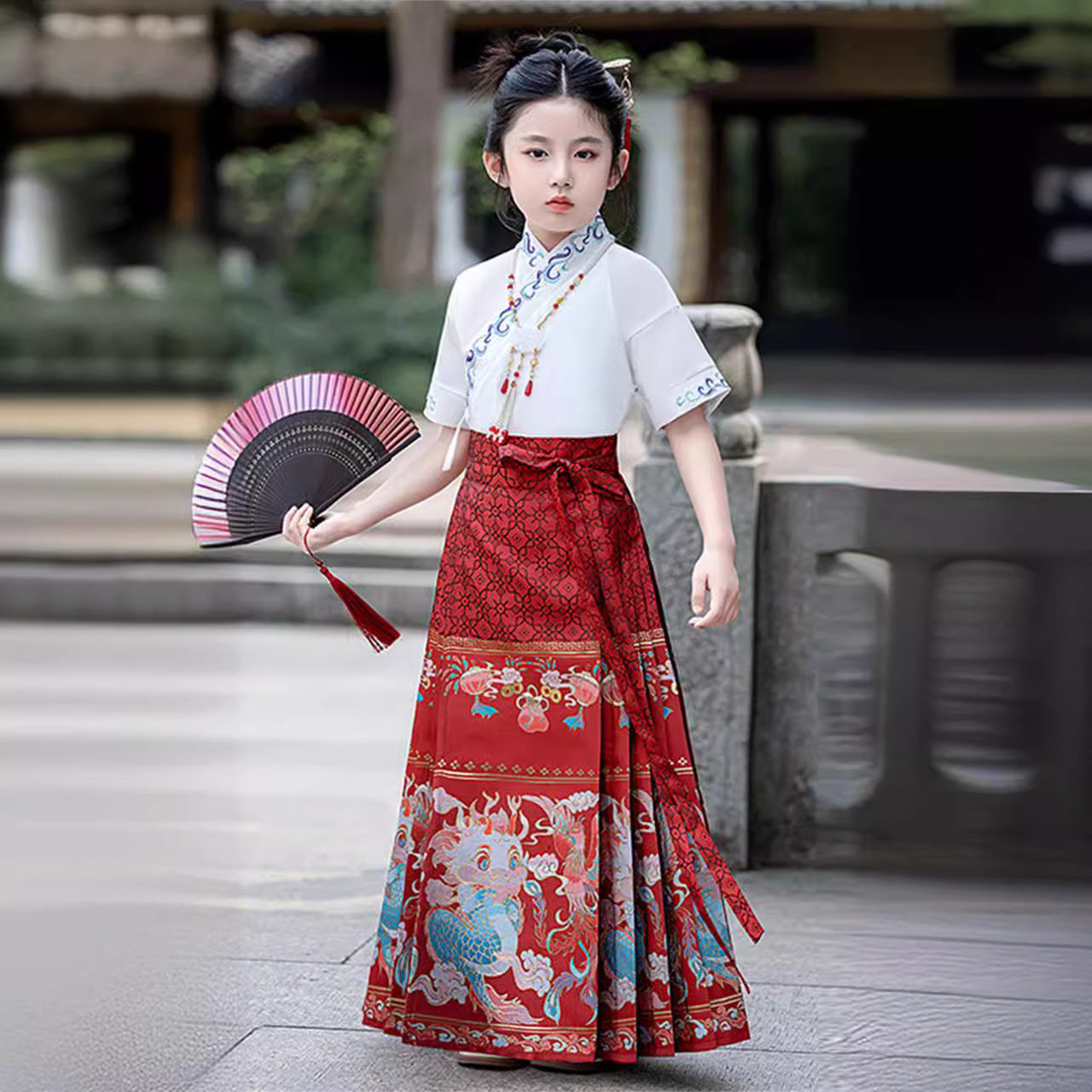 六一儿童马面裙明制国风古装汉服女宝女孩十岁学生古筝表演国学服