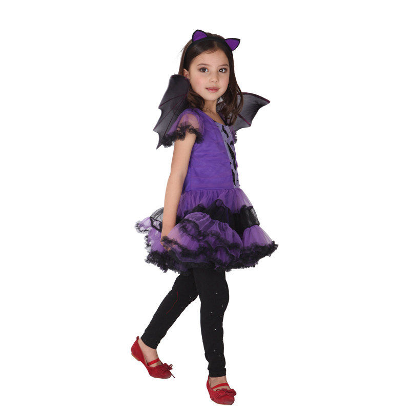 万圣节儿童表演服儿童派对服装蝙蝠套装儿童紫色蝙蝠裙带翅膀套装