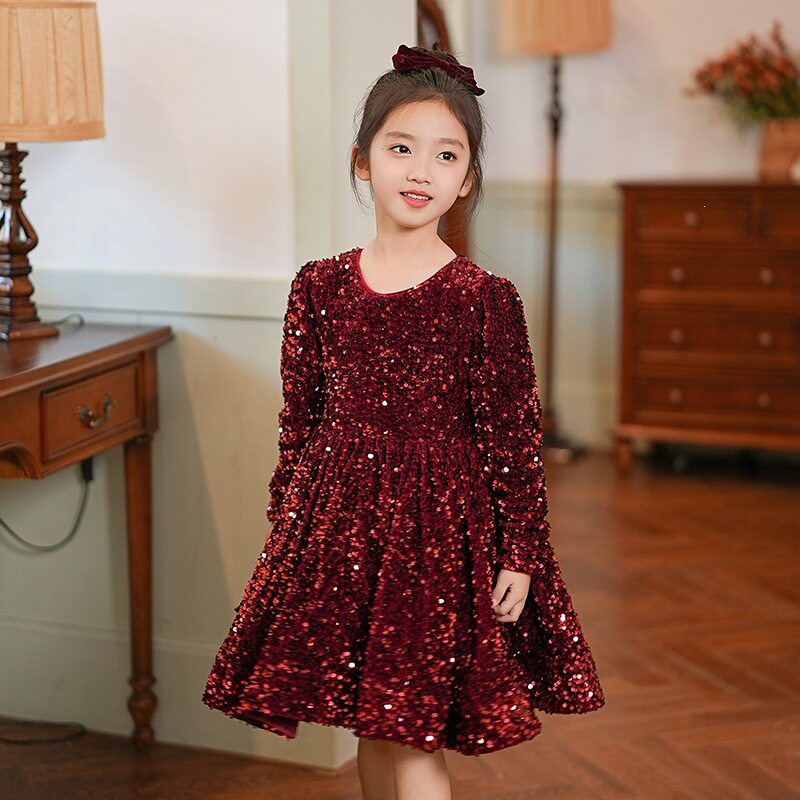 女童新年服演出服装红色加绒公主裙秋冬儿童拉丁舞服连衣裙表演服