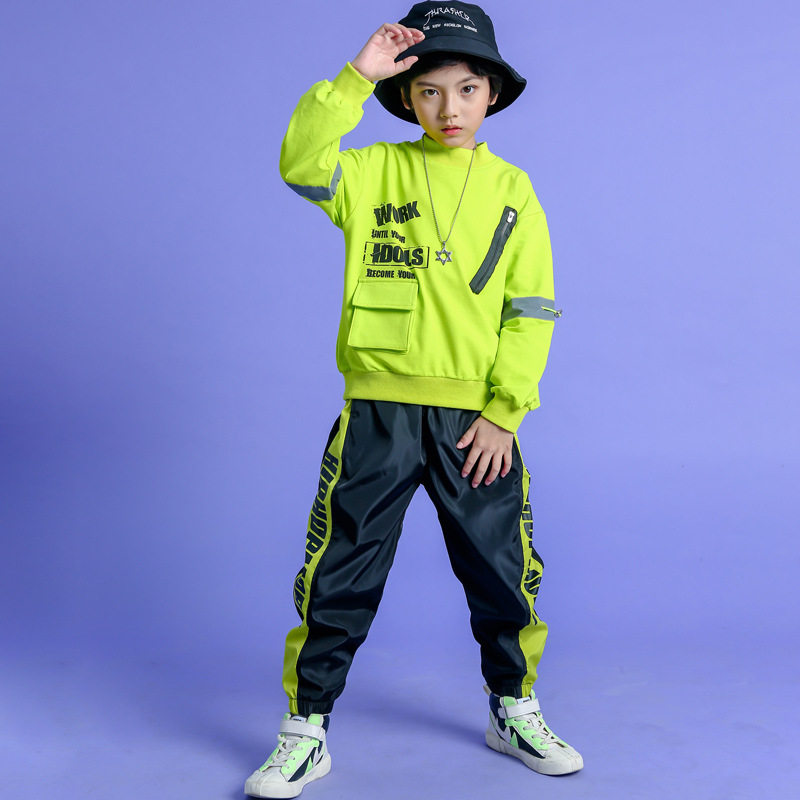 儿童街舞演出服套装女童hiphop荧光条嘻哈爵士舞男童架子鼓表演服