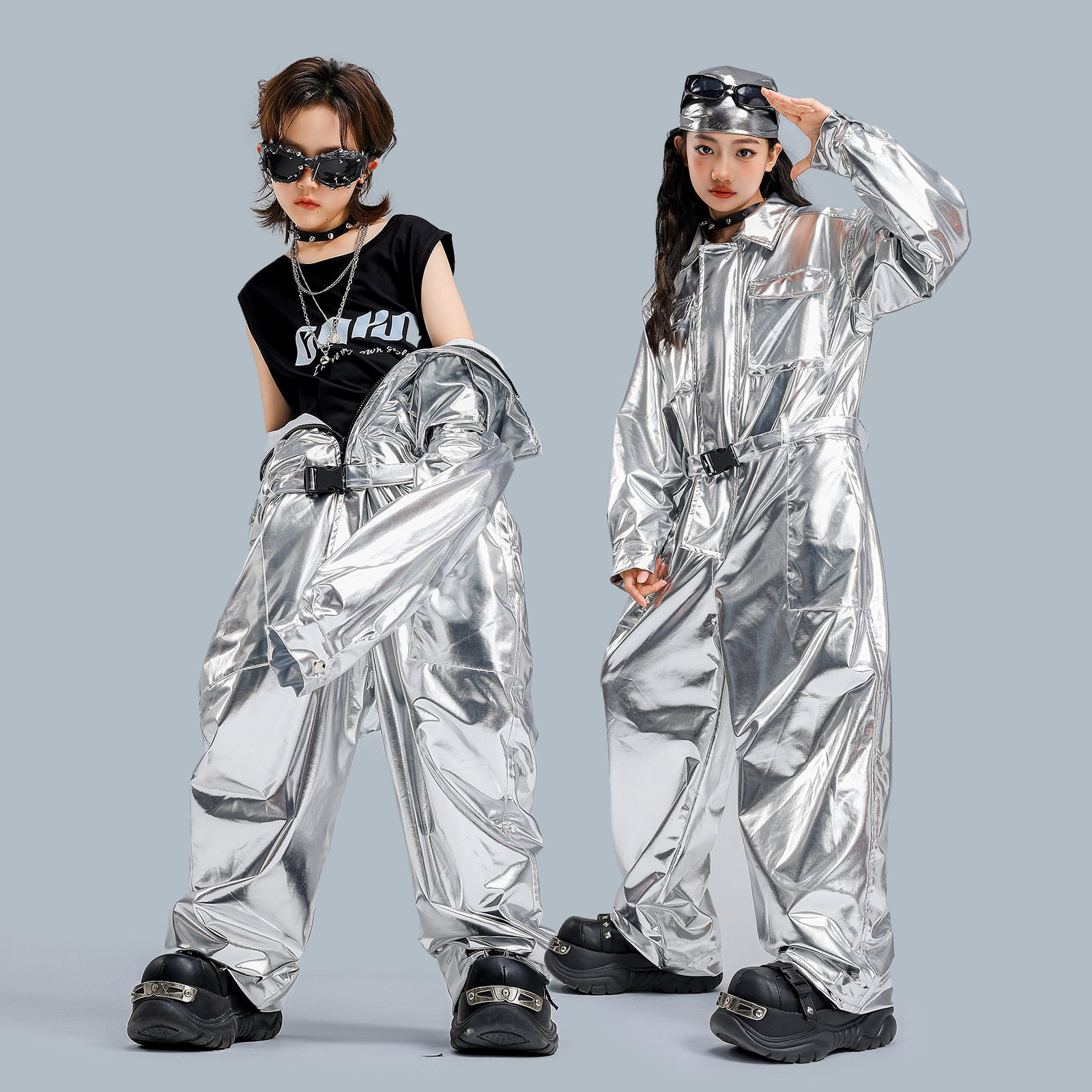 儿童街舞潮服少儿嘻哈风炸街演出服连体衣银色男童hiphop表演套装
