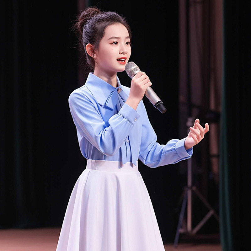 儿童大合唱演出服中小学生蓝色诗歌朗诵演讲比赛主持礼服表演服