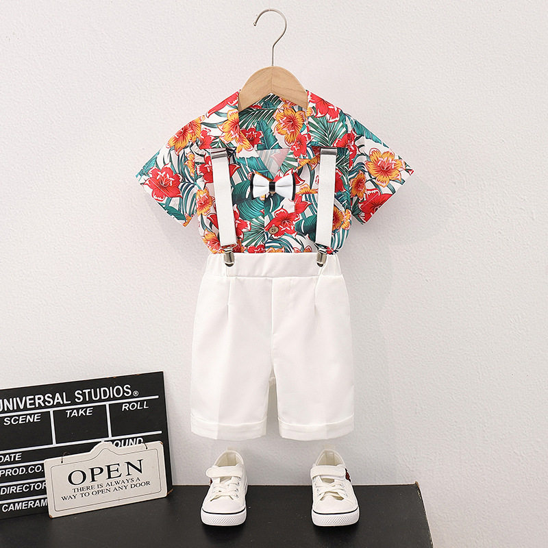 童装男童短袖衬衫背带裤四件套六一儿童礼服活动表演出服一件代发