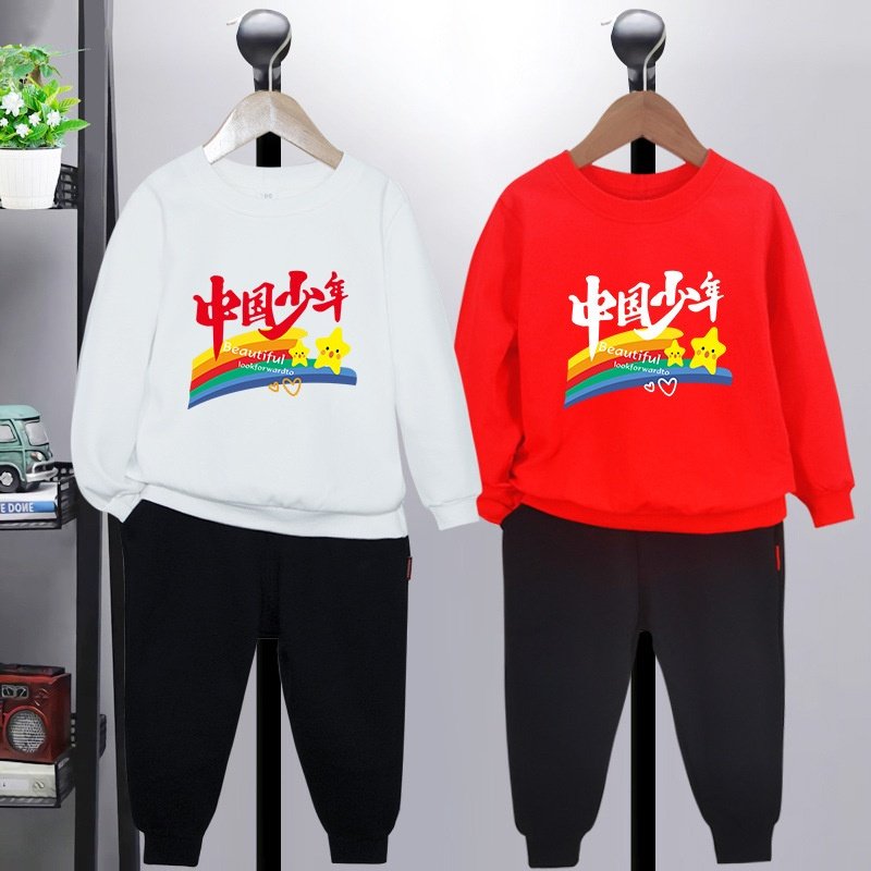 幼儿园小学生运动会班服 元旦儿童演出服加绒红色套装男童女衣服