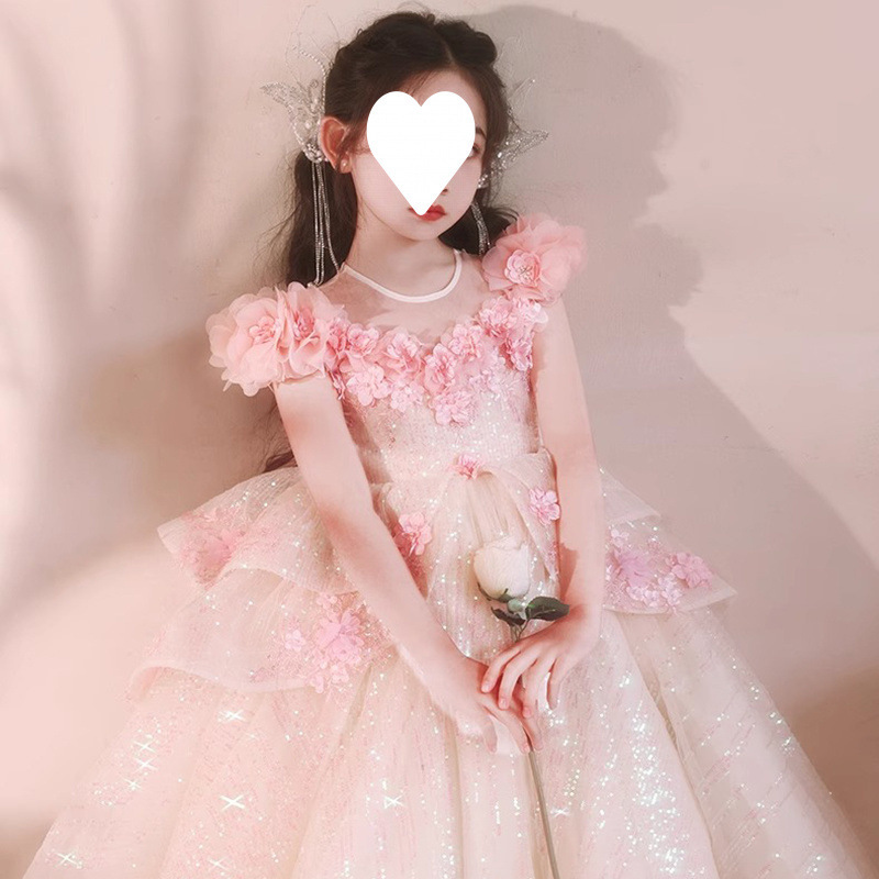 粉色女童主持人礼服高端轻奢小众公主裙儿童花童钢