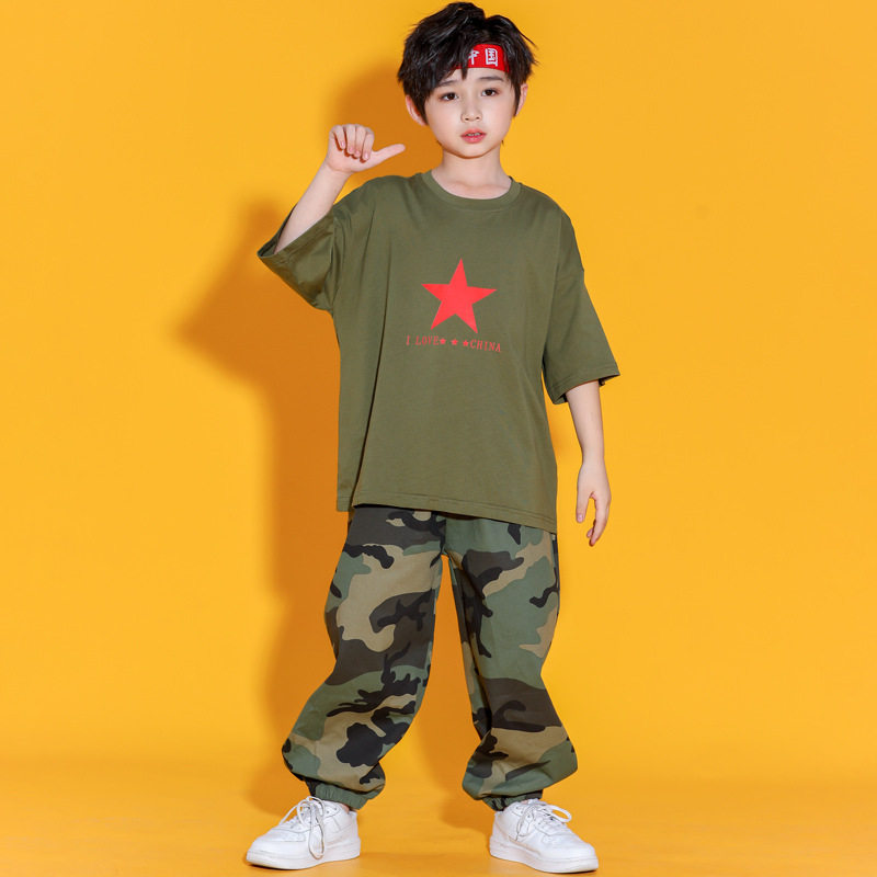 男童军训服装短袖儿童迷彩服套装女童街舞表演服夏季hiphop齐舞酷