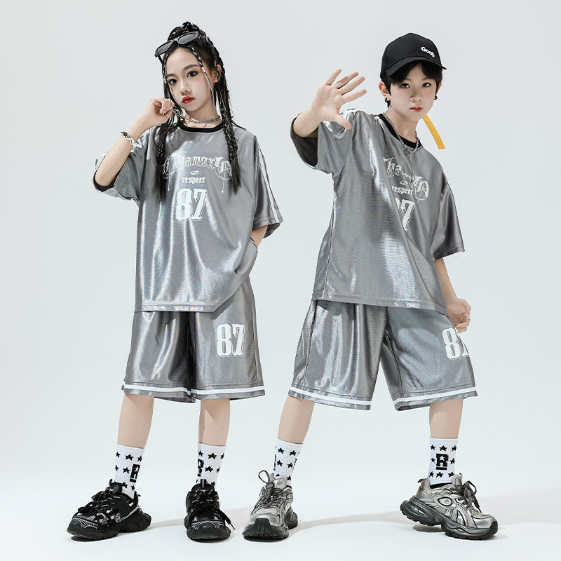 街舞儿童潮服男童hiphop表演出服嘻哈亮面宽松套装爵士舞女童服装