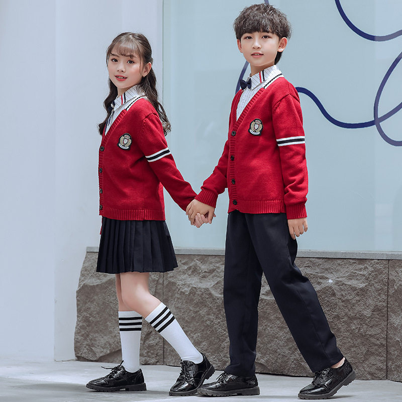 小学生校服英伦风幼儿园园服jk制服秋冬儿童红色毛衣开衫班服套装