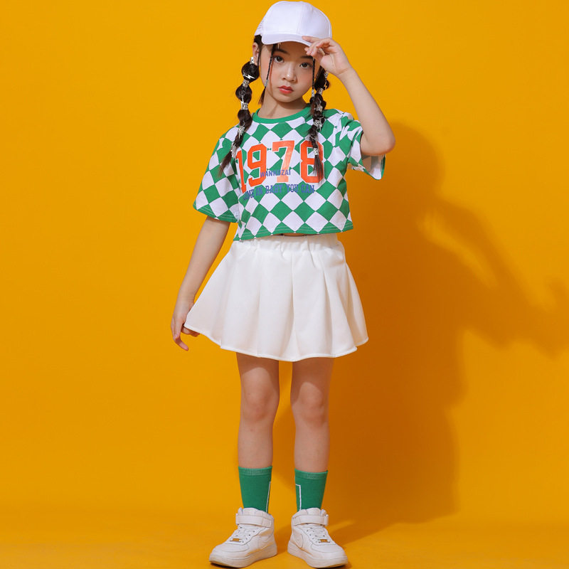 儿童街舞潮服小学生运动会演出服女童啦啦队格子露脐短袖表演服装
