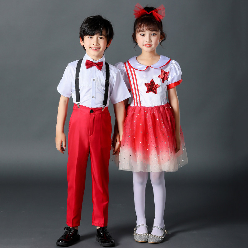 国庆儿童合唱服中小学生诗歌朗诵演出服男女童红领巾纱裙表演服装