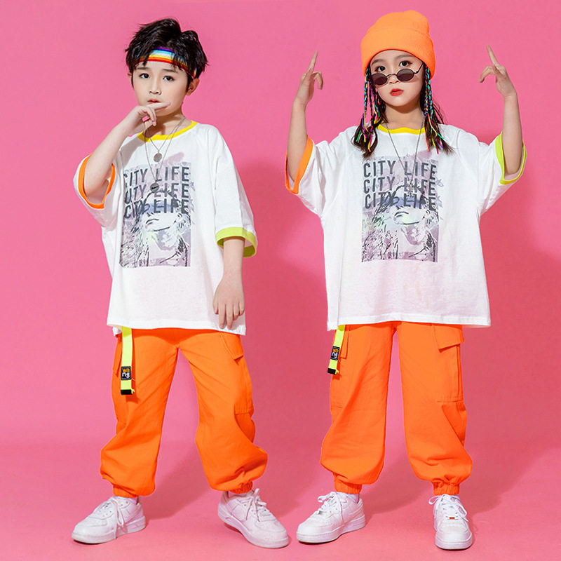 街舞儿童hiphop嘻哈舞蹈演出服夏季潮牌宽松男女童运动套装表演服
