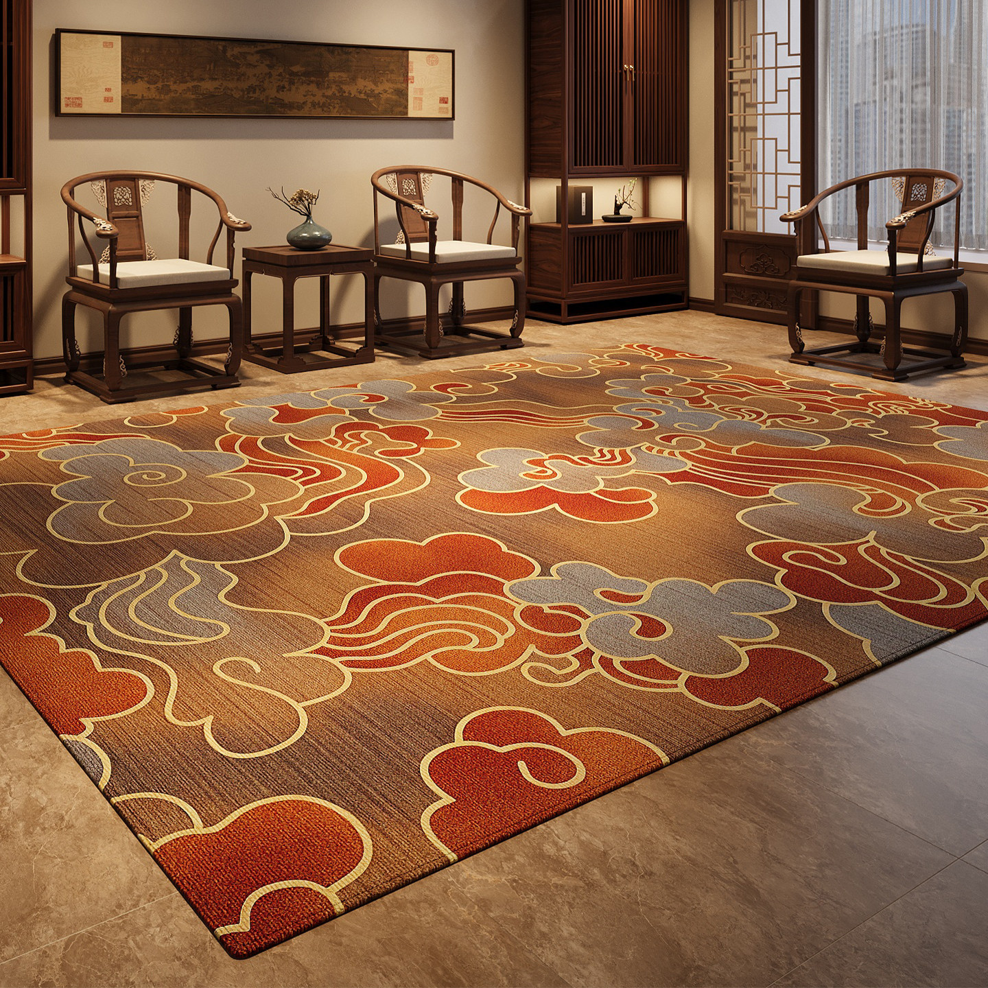 新中式客厅地毯国风复古禅意茶室沙发茶几毯卧室床边毯免打理地垫