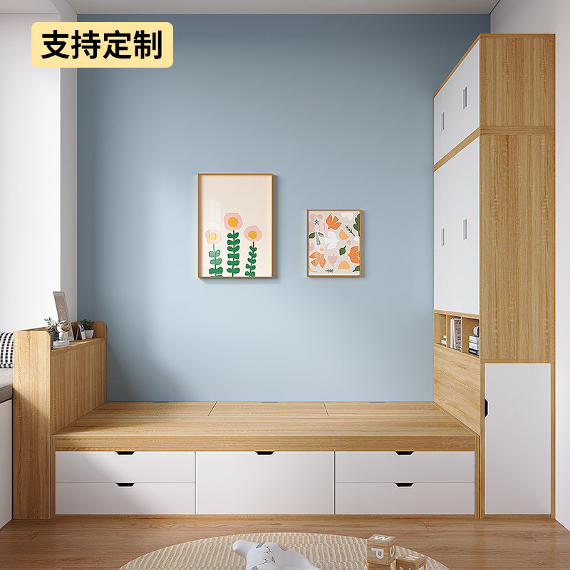 网红榻榻米床落地带衣柜一体床实木带抽屉地台床定制儿童房榻榻米